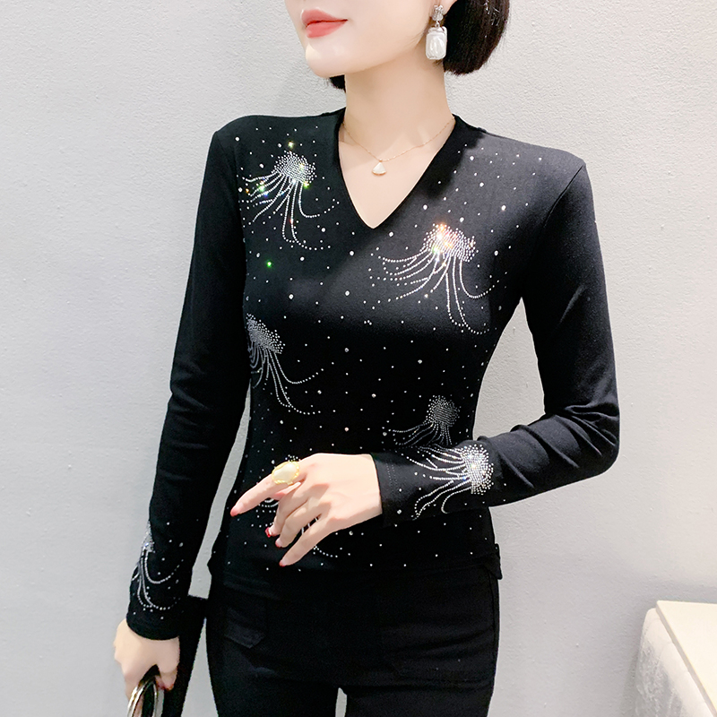 Fashion winter bottoming shirt rhinestone tops