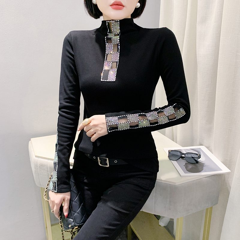 Lace hollow half high collar slim bottoming shirt