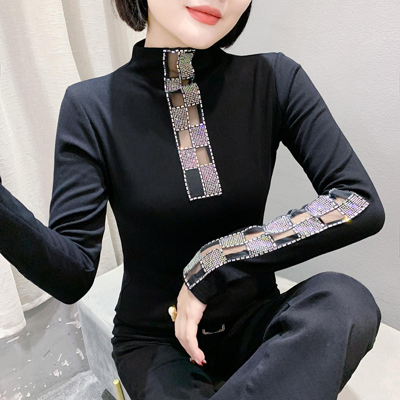 Lace hollow half high collar slim bottoming shirt