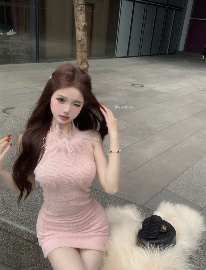 Ostrich hair temperament vest tender sexy dress for women