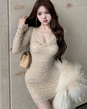 Temperament lace long sleeve package hip dress