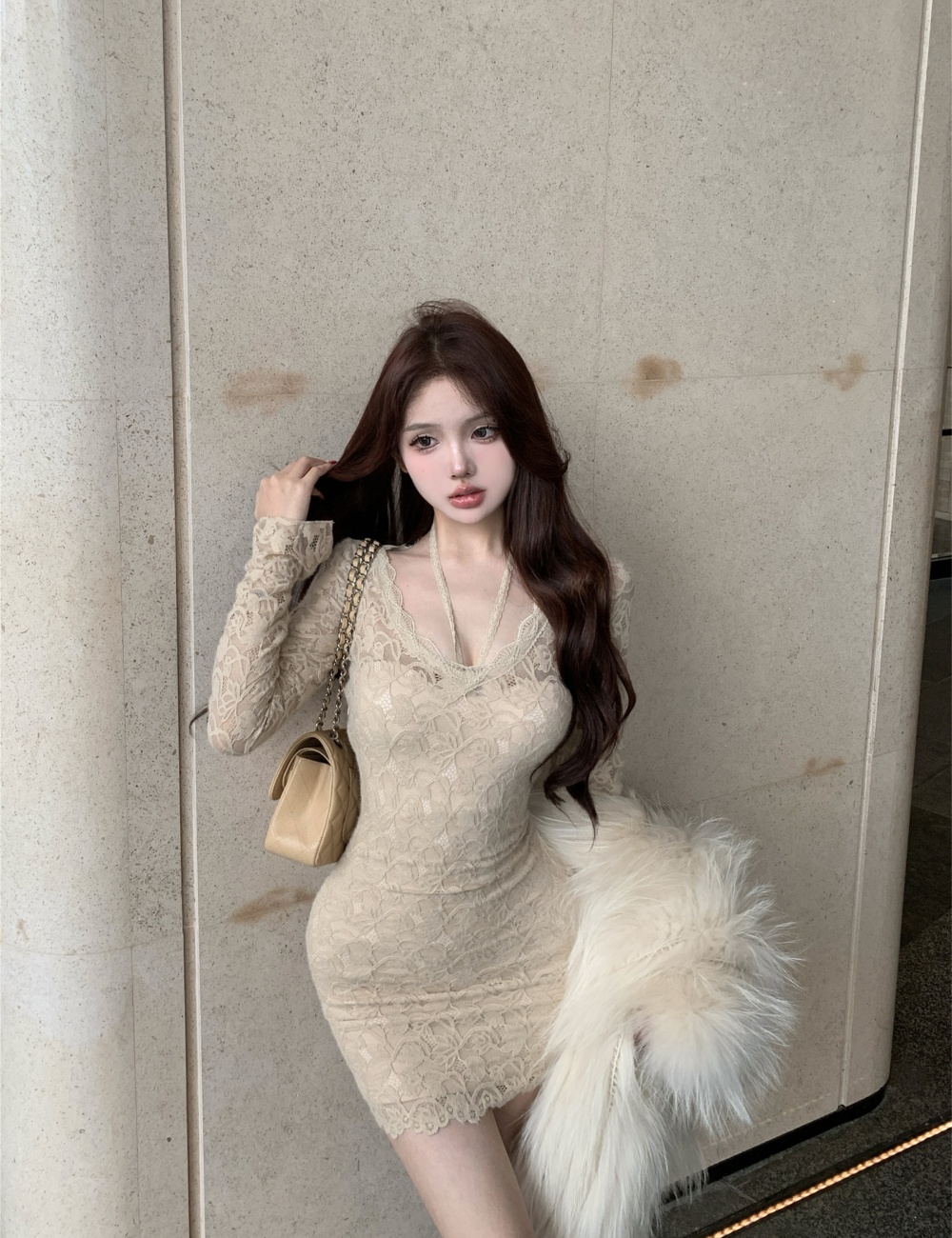 Temperament lace long sleeve package hip dress