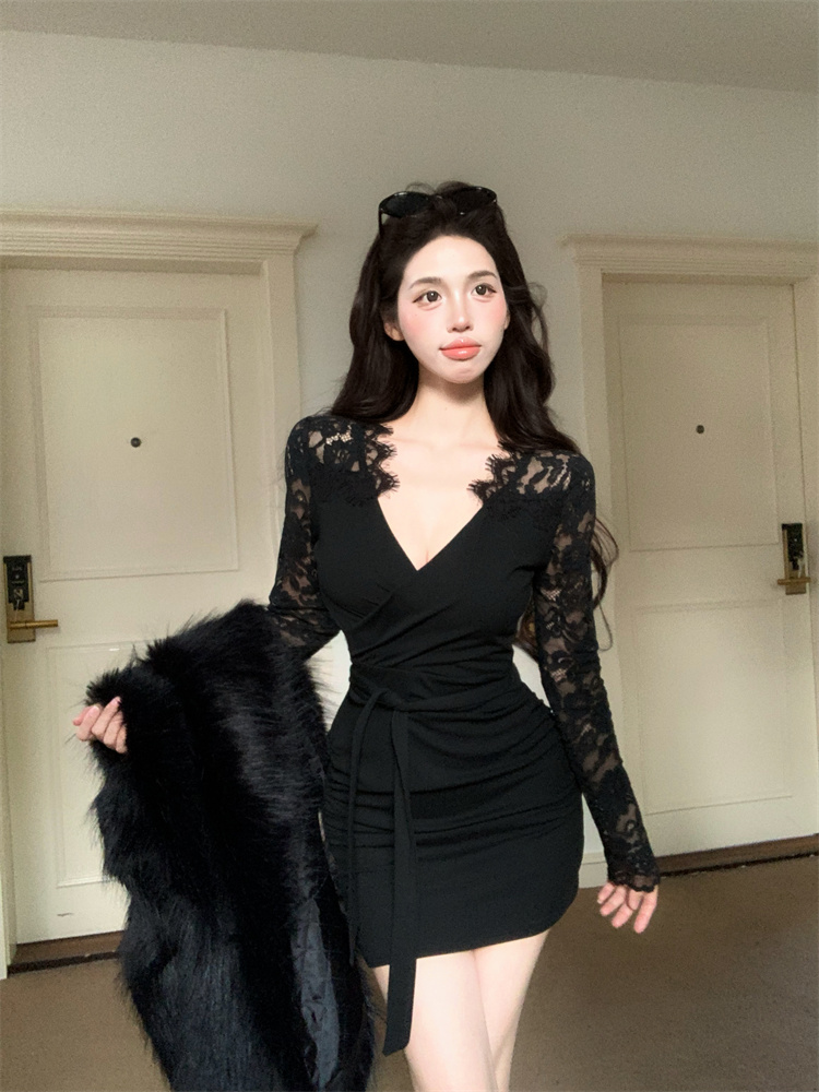 Lace V-neck bandage slim sexy dress for women