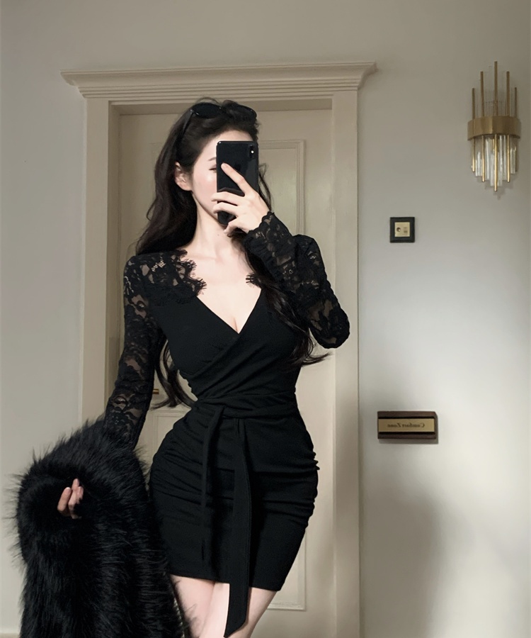 Lace V-neck bandage slim sexy dress for women