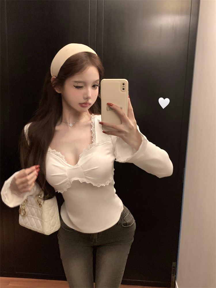 White lace tops all-match bottoming shirt for women