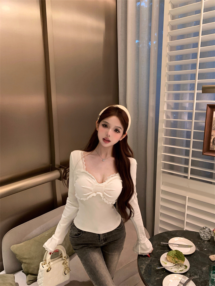 White lace tops all-match bottoming shirt for women