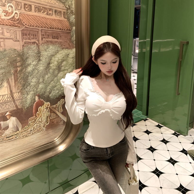 White lace tops all-match bottoming shirt for women