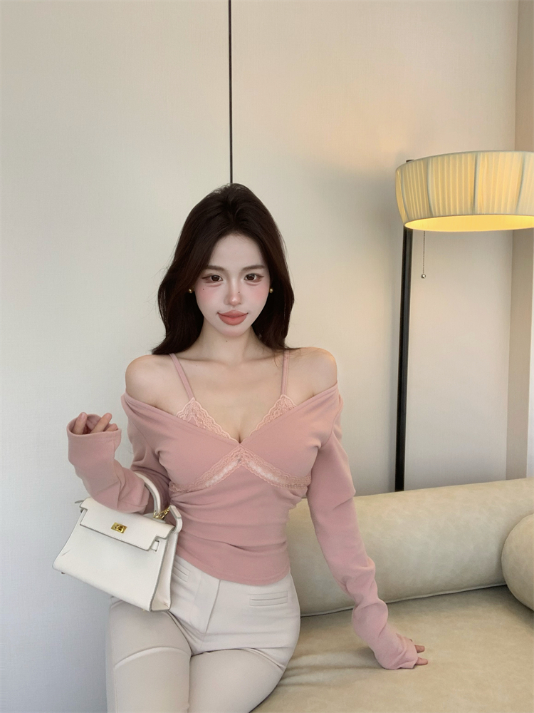 Pseudo-two lace bottoming shirt enticement slim tops for women