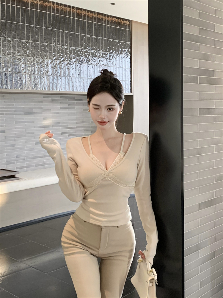 Pseudo-two lace bottoming shirt enticement slim tops for women