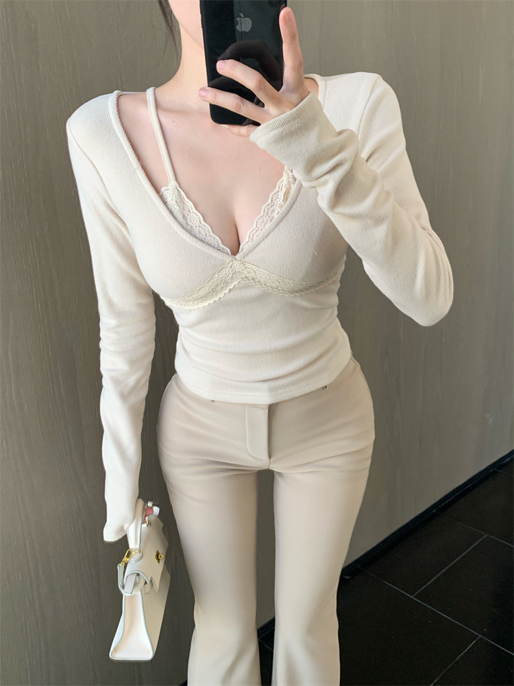 Pseudo-two lace bottoming shirt enticement slim tops for women