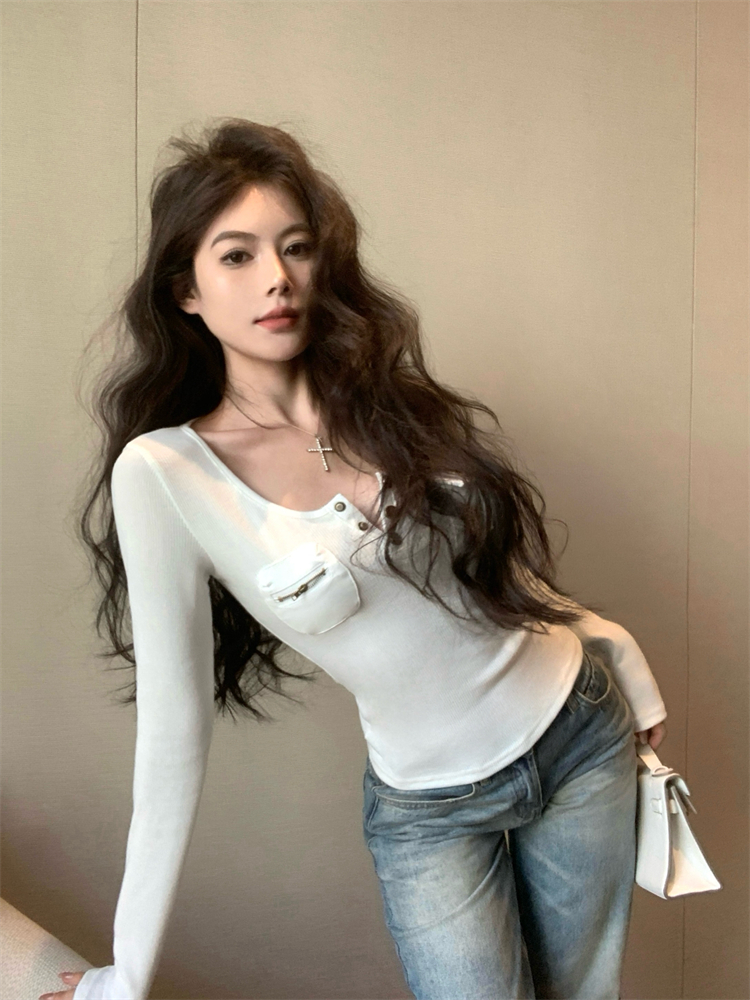 Retro buckle bottoming shirt pocket splice tops for women