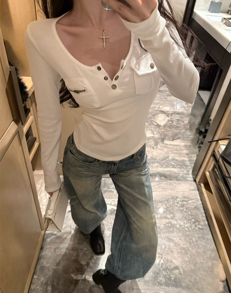 Retro buckle bottoming shirt pocket splice tops for women