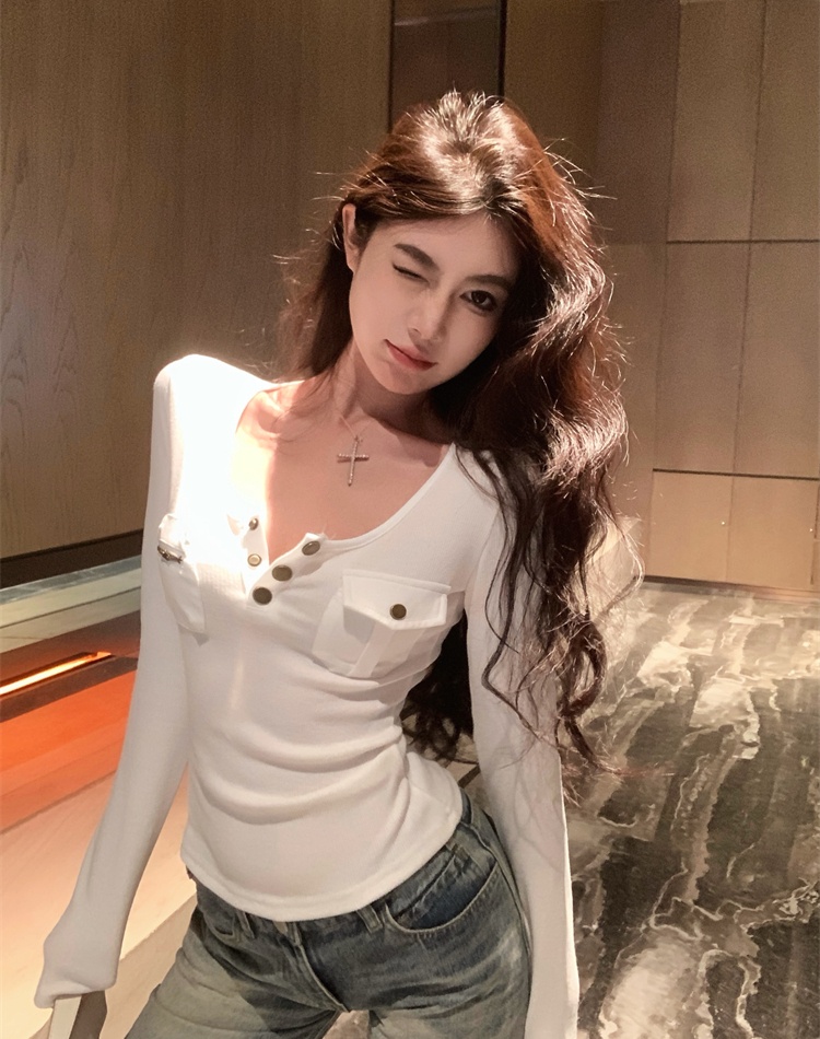 Retro buckle bottoming shirt pocket splice tops for women