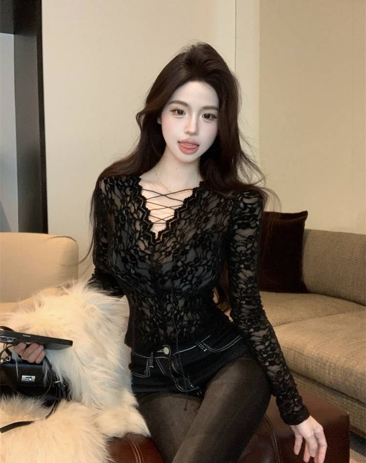 Bandage lace tops sexy black bottoming shirt for women