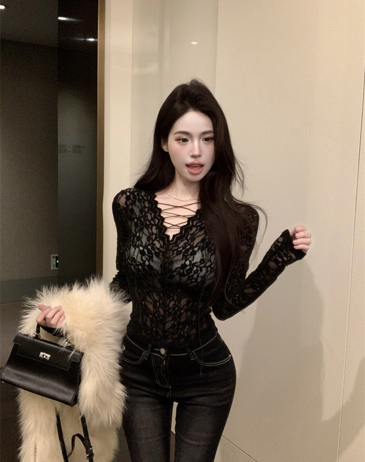 Bandage lace tops sexy black bottoming shirt for women