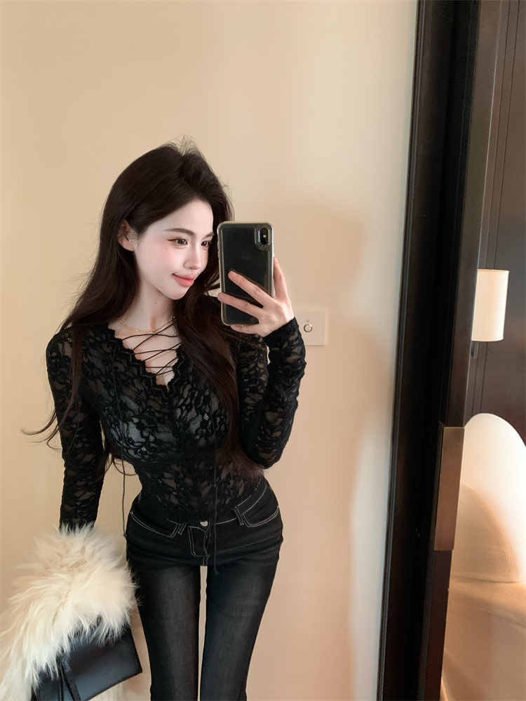 Bandage lace tops sexy black bottoming shirt for women