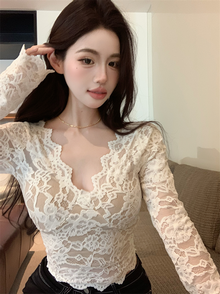 Lace long sleeve tops slim short bottoming shirt