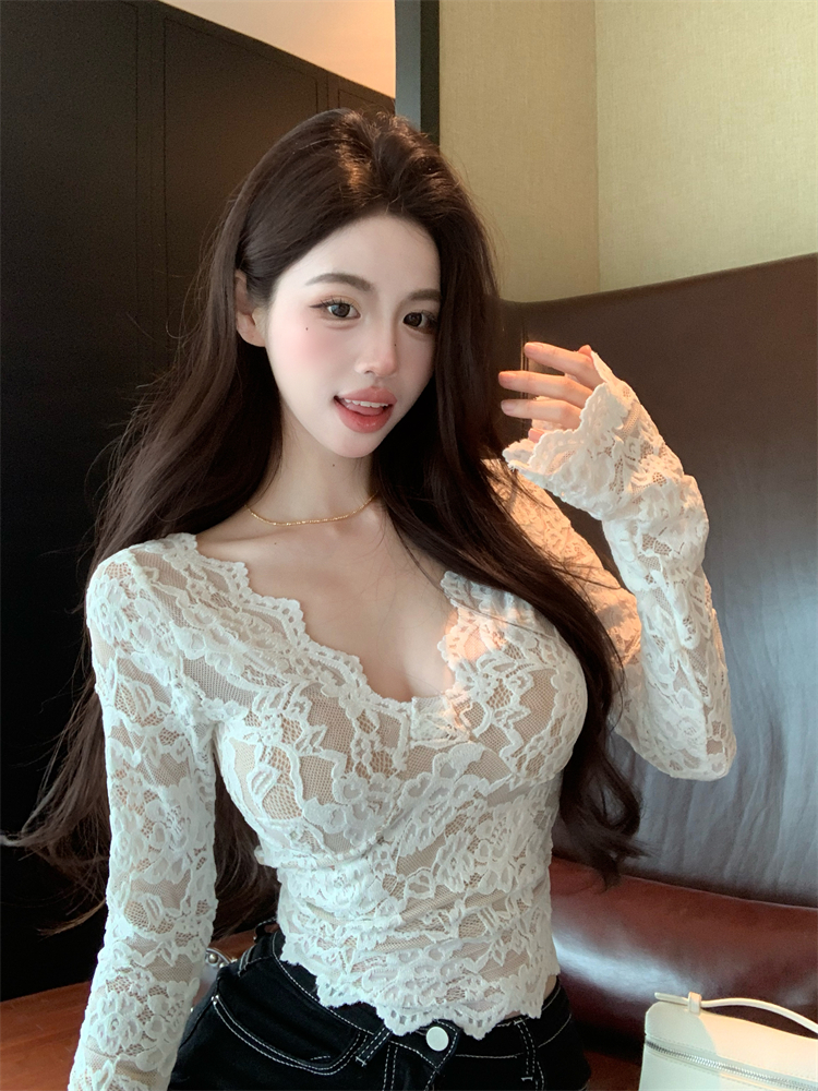 Lace long sleeve tops slim short bottoming shirt