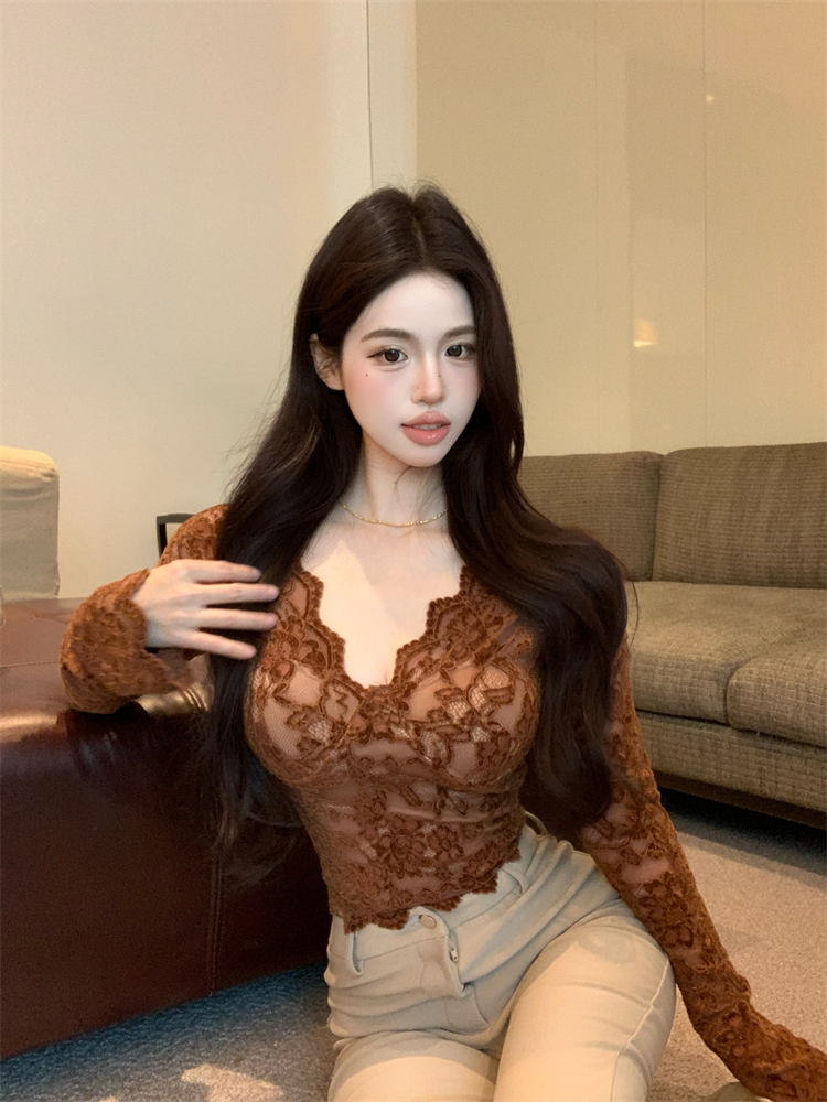 Lace long sleeve tops slim short bottoming shirt