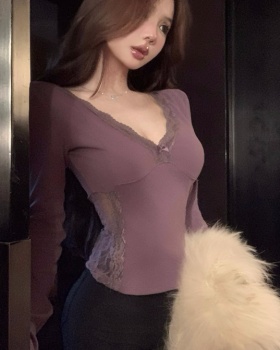 V-neck enticement bottoming shirt flat shoulder tops for women