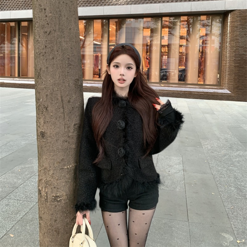 Elmo short black woolen coat chanelstyle ladies splice tops