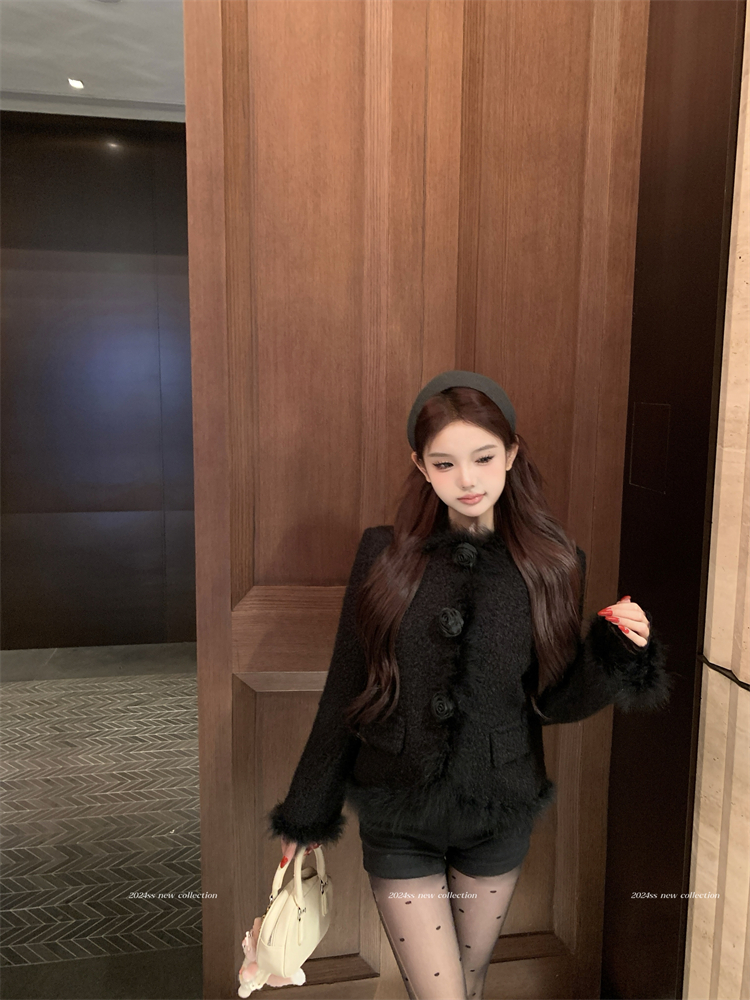 Elmo short black woolen coat chanelstyle ladies splice tops