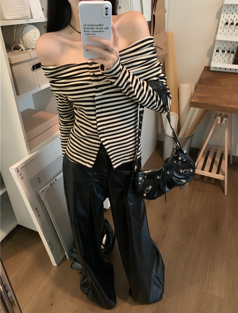 Flat shoulder stripe Korean style tops