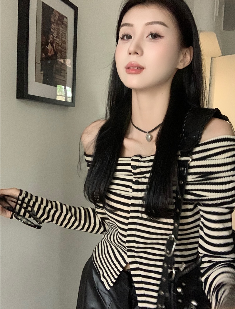 Flat shoulder stripe Korean style tops