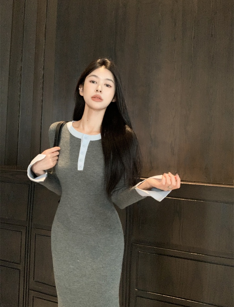 Mixed colors sleeve bottom collar doll shirt V-neck dress