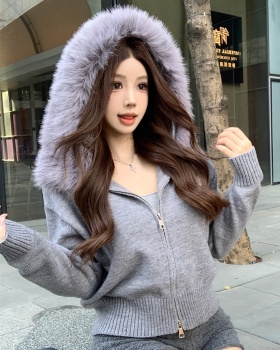 Loose fox fur hooded large fur collar sweater