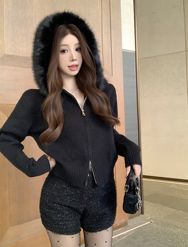 Loose fox fur hooded large fur collar sweater