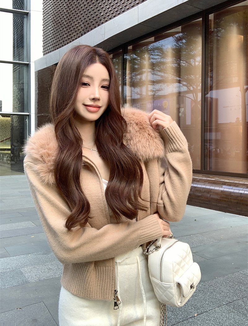 Loose fox fur hooded large fur collar sweater