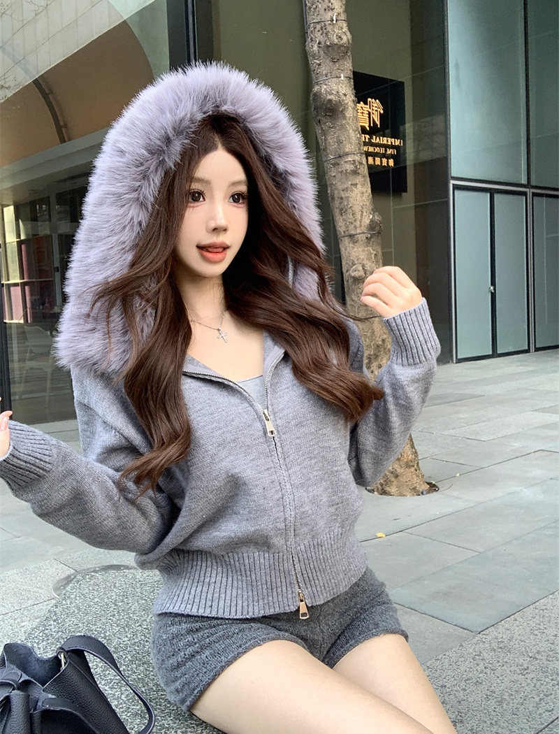 Loose fox fur hooded large fur collar sweater