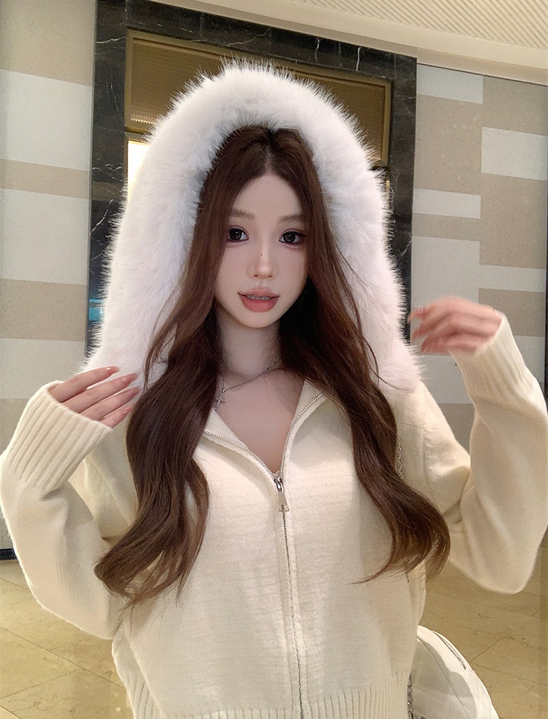 Loose fox fur hooded large fur collar sweater