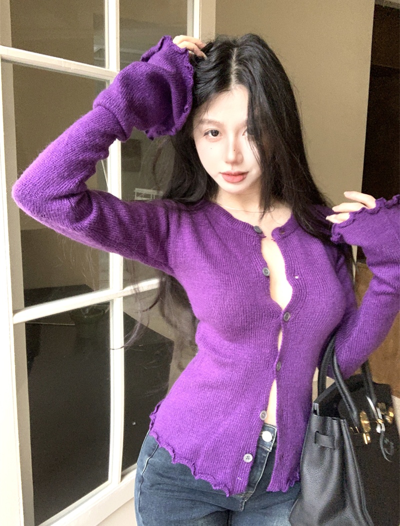 Slim purple tops knitted cardigan for women