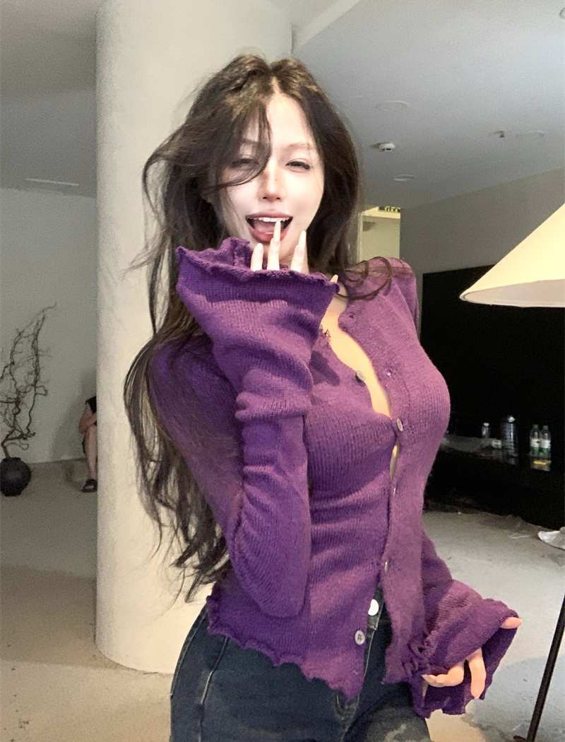 Slim purple tops knitted cardigan for women