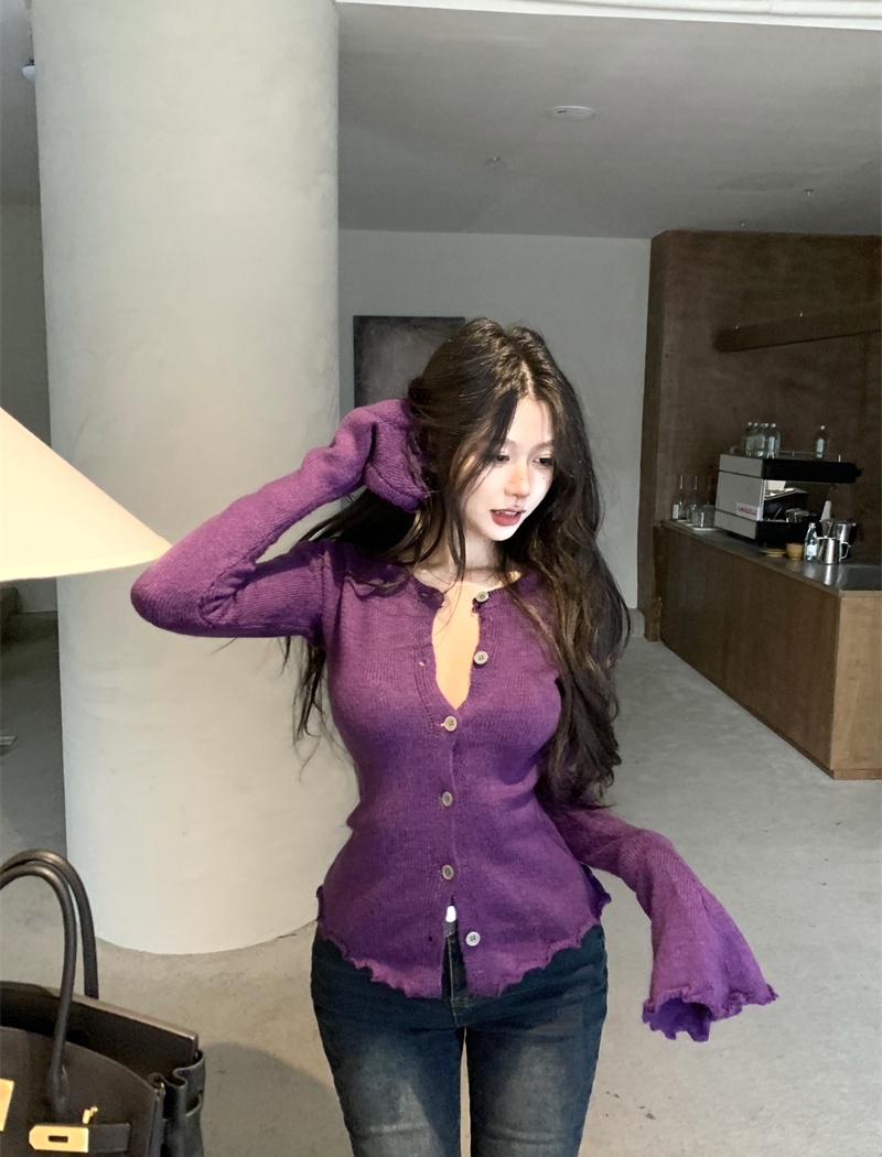 Slim purple tops knitted cardigan for women