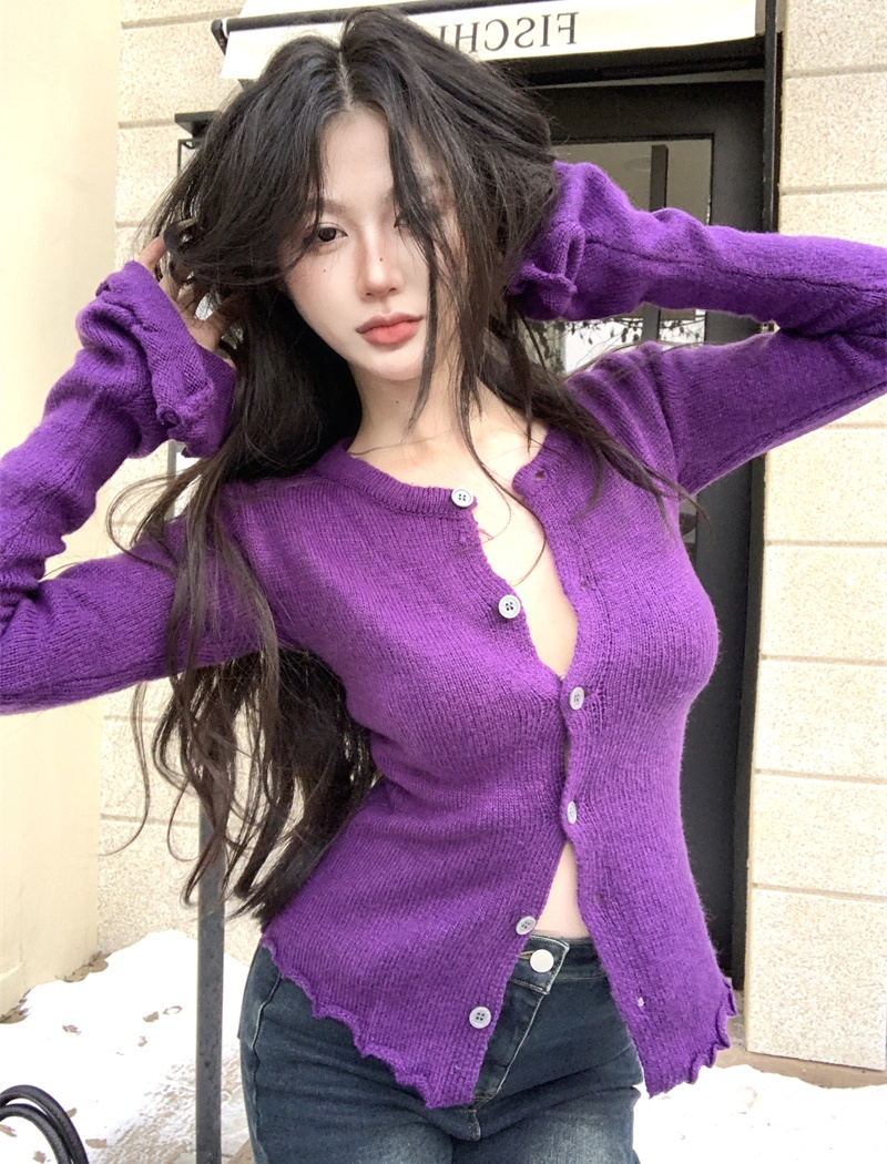 Slim purple tops knitted cardigan for women