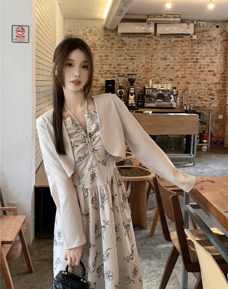 Printing France style coat retro short shawl 2pcs set