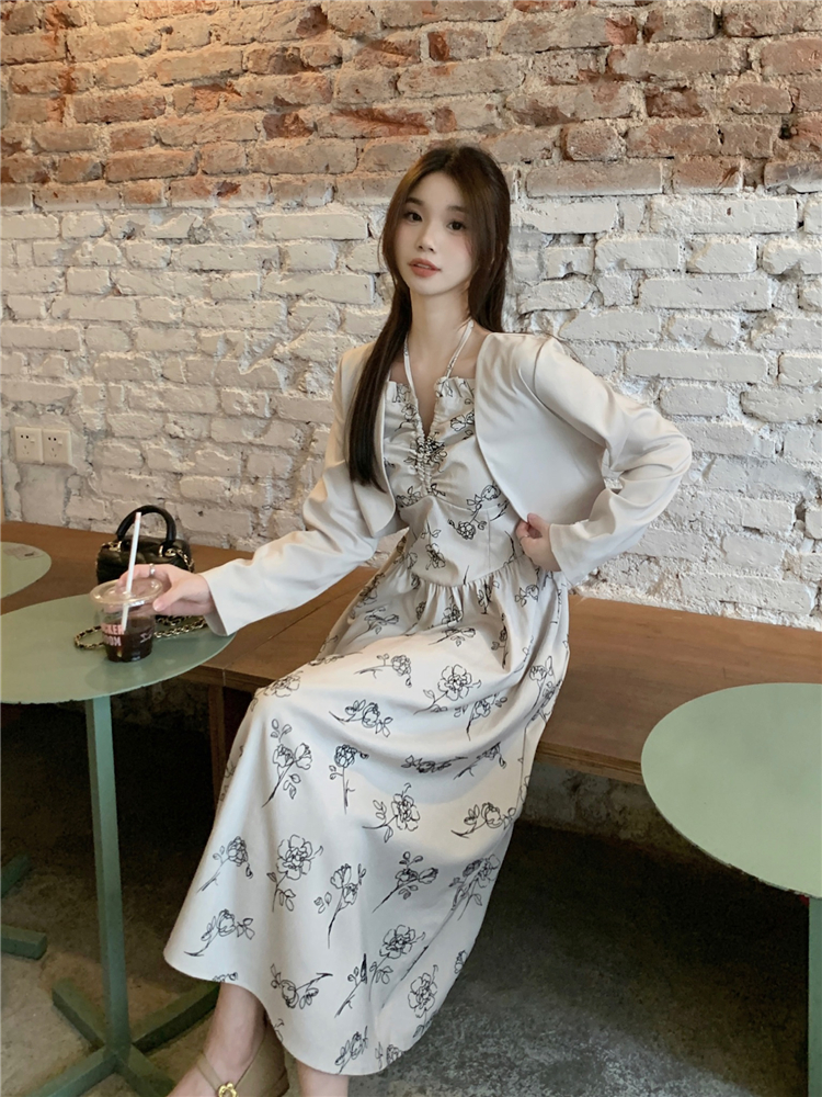 Printing France style coat retro short shawl 2pcs set