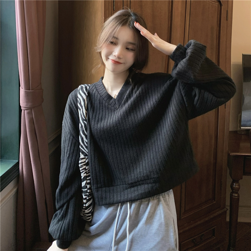 Knitted Korean style tops V-neck short bottoming shirt