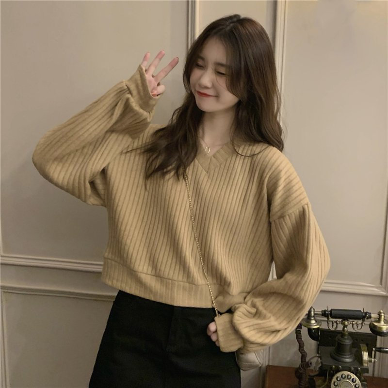 Knitted Korean style tops V-neck short bottoming shirt