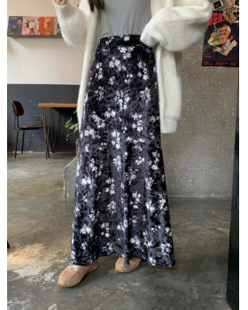 Slim Korean style high waist velvet floral long skirt