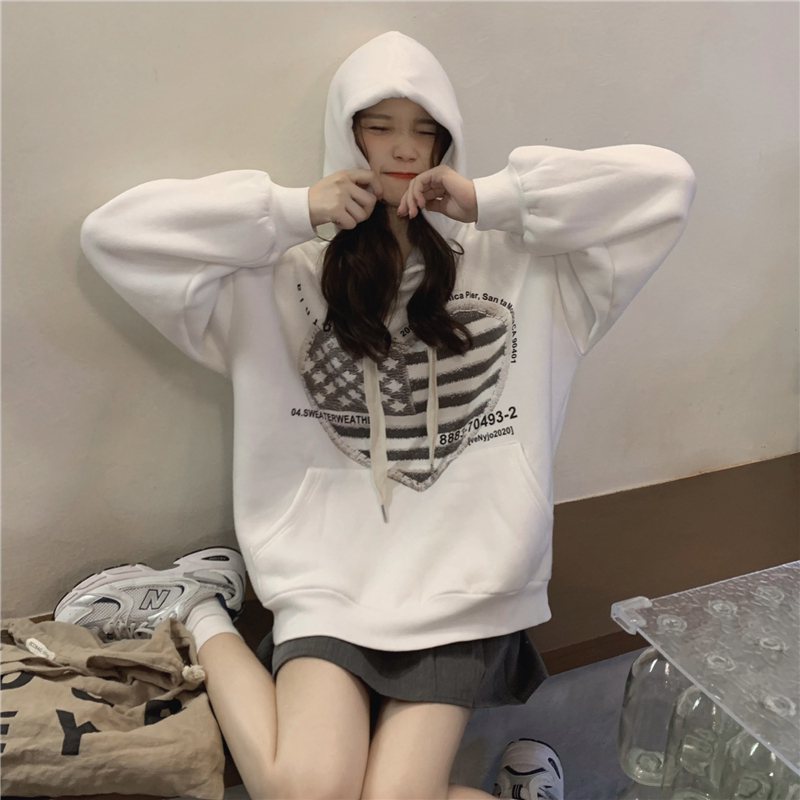 Plus velvet long sleeve tops heart hoodie for women