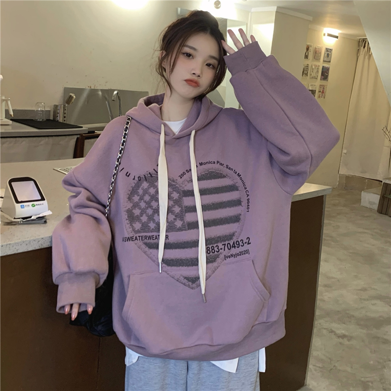 Plus velvet long sleeve tops heart hoodie for women