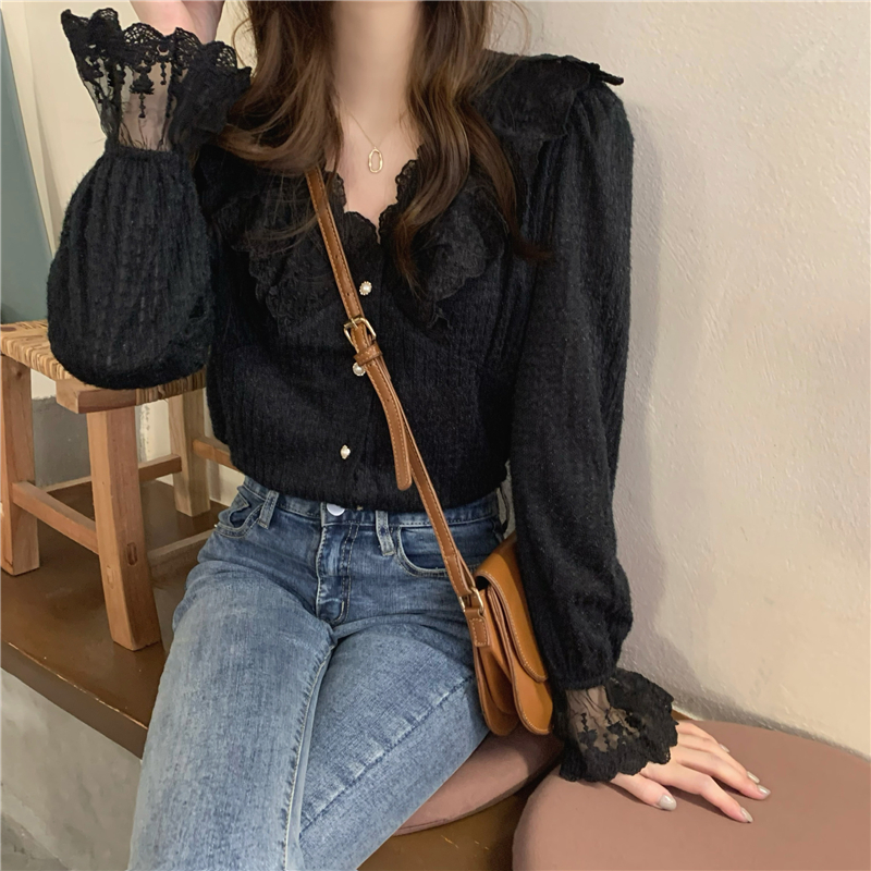 Korean style splice tops inside the ride knitted shirt