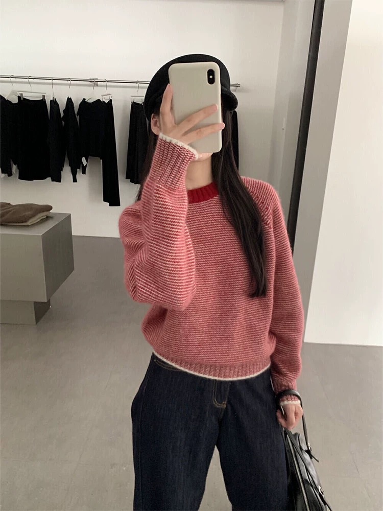 Pullover round neck sweater lazy tops