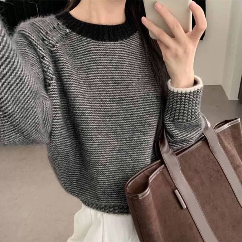 Pullover round neck sweater lazy tops