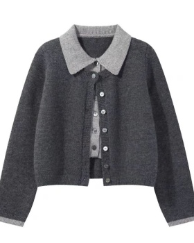 Long sleeve knitted tops Pseudo-two gray cardigan for women