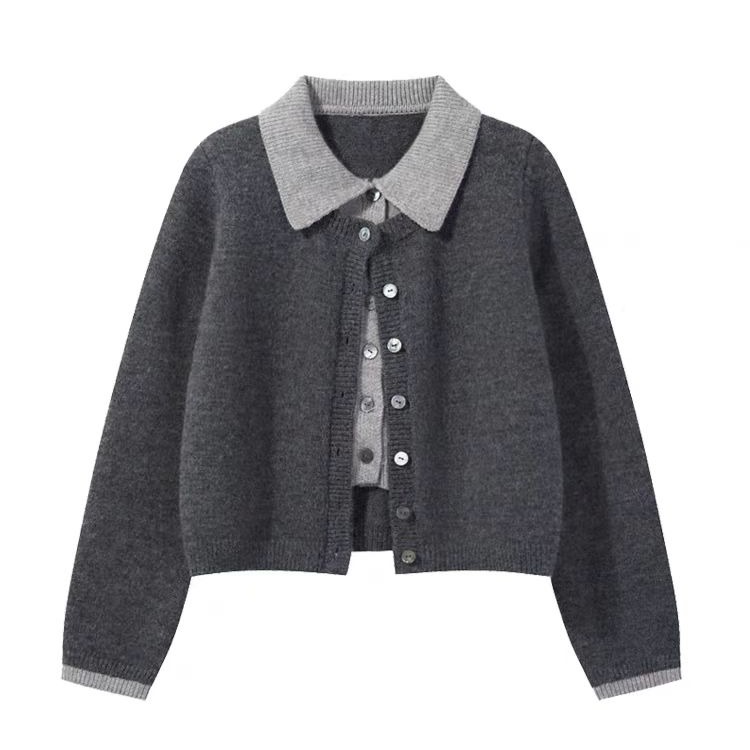 Long sleeve knitted tops Pseudo-two gray cardigan for women